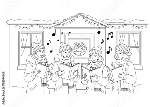 Christmas carolers singing in front of a decorated house. Women in winter clothes with songbooks. Holiday line art for a coloring book.