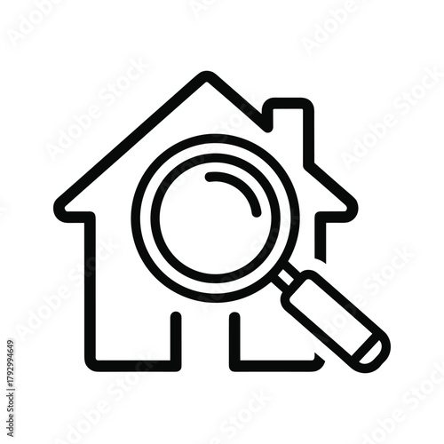 Line art icon of a house with a magnifying glass, representing real estate search