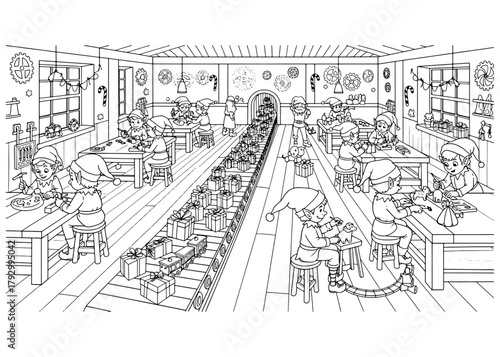 Busy elves in Santa's workshop. Christmas scene with toy making and presents on a conveyor belt. Line art vector for coloring page.