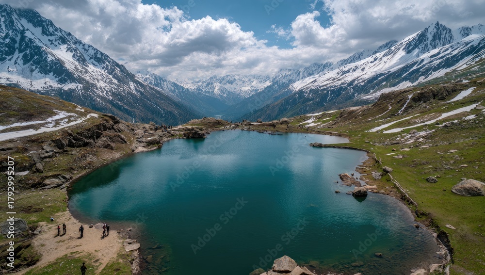 Obraz premium High-angle view of a glacial lake nestled between snow-capped mountains under a cloudy sky