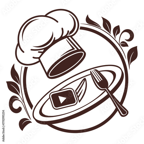 Cooking Media Logo – Circular, No Text, Realistic Embossed Style, Black and Brown Palette 