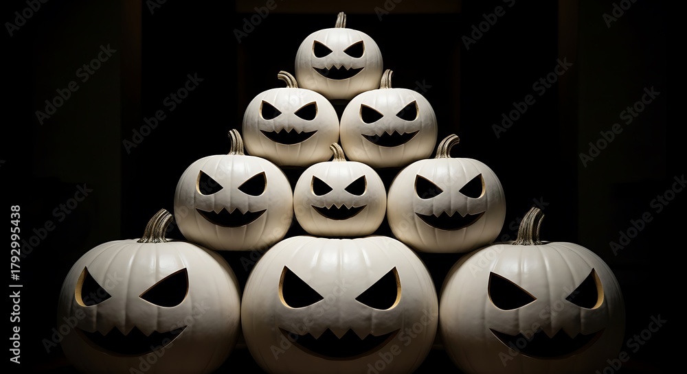 Obraz premium Eerie White Pumpkins Stacked for Halloween Display.