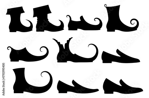 Collection of elf shoe silhouettes, fantasy boots with curly toes and classic loafers icon set