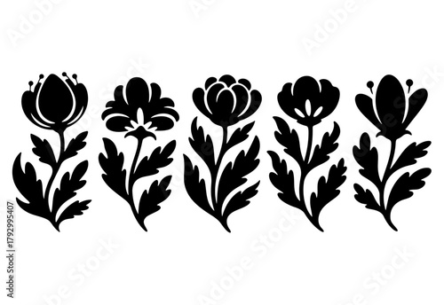 Five black stylized folk art flowers silhouette collection