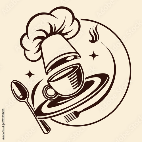 Minimalist Culinary Logo – Chef Hat, Plate, Utensils, Black and Warm Brown, Vector Design