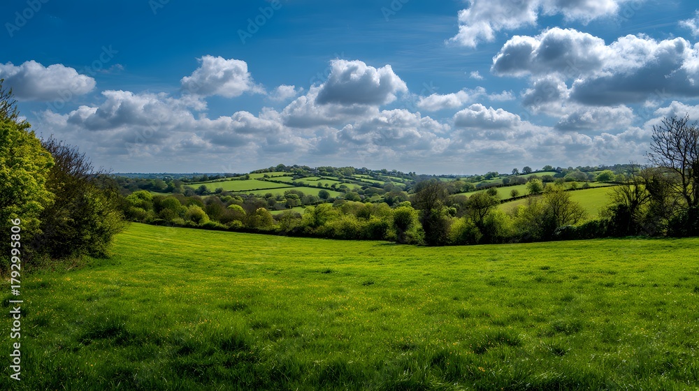 Obraz premium Vibrant green rolling fields stretch beneath a bright blue sky filled with fluffy white clouds.