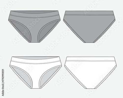 Women briefs front and back view technical illustration vector mockup template.