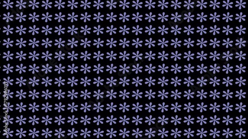 A repeating pattern of light purple flowers on a black background in a symmetrical arrangement