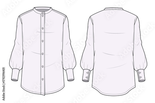 Ladies mandarin collar shirt front and back view technical flat sketch vector mockup illustration.