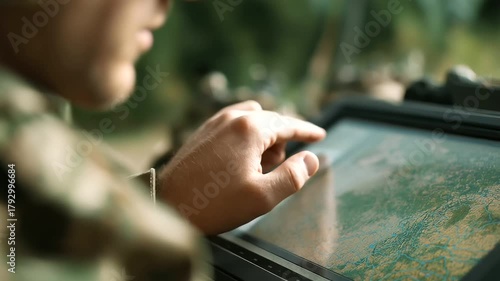 Command interface showing military maps defocused autonomous data, faceless next-gen strategy, tactical visualization detail, blurred screen background, drone concept, command inte