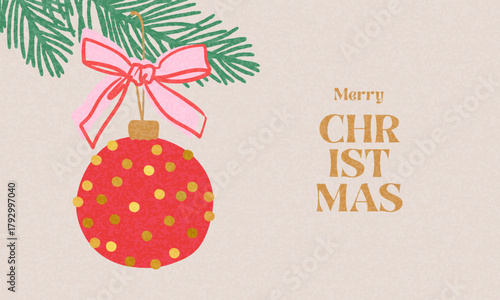 Christmas Holiday banner, card, poster, cover, background. Modern bright Xmas design with hand drawn beautiful Christmas tree, ball with bow and golden confetti for season greetings, sales, print, ads