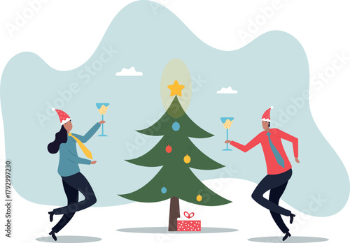 New Year's corporate party. Employees near a decorated Christmas tree.