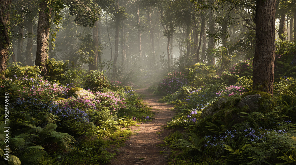 Obraz premium A picturesque path winds through a mystical forest, bathed in sunlight. The scene is lush with vibrant vegetation, creating an inviting and serene atmosphere.