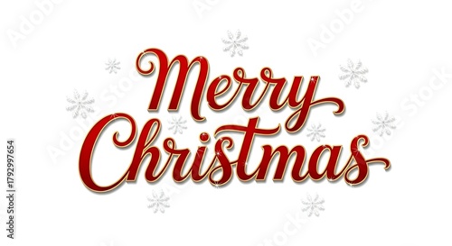 Elegant 'Merry Christmas' greeting shimmers in red and gold against snowflake backdrop.