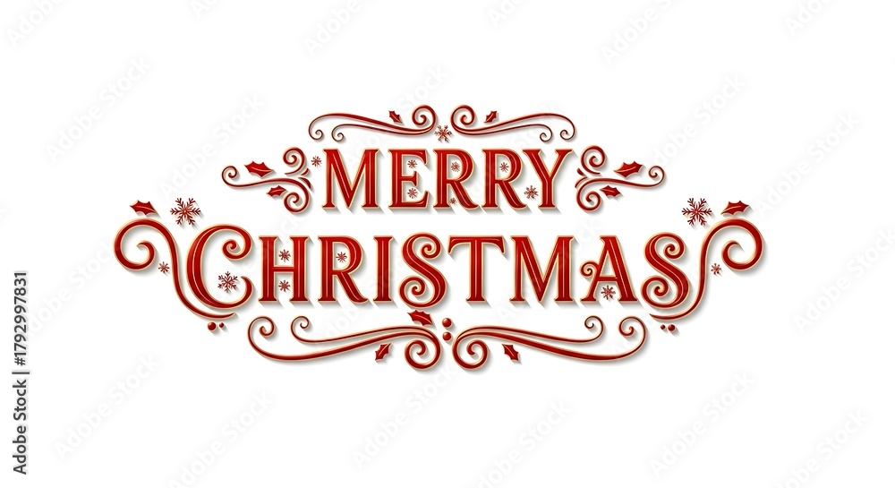 Fototapeta premium Elegant cursive 'Merry Christmas' holiday greeting decorated with snowflakes and swirls.