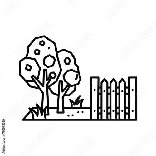 Stylized outline of a garden with trees and a picket fence
