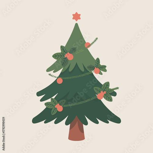Flat illustration of a green Christmas tree with coral ornaments and star topper on a beige background