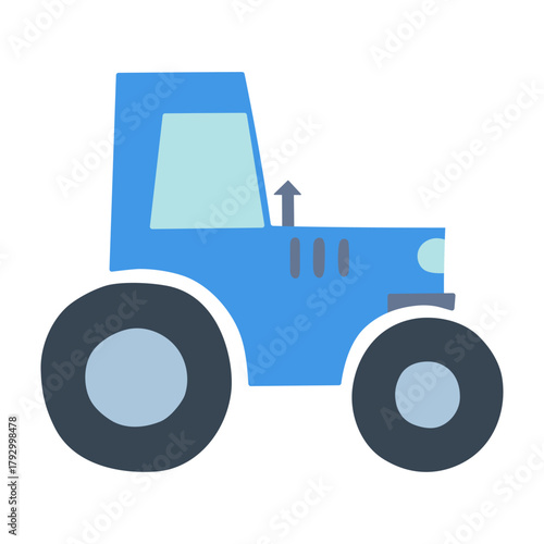 Wheeled tractor isolated on a white background. Colored icon, vector illustration. Hand drawn blue tractor, transportation topic, childish toy.