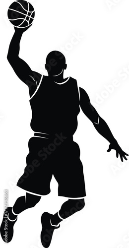 Silhouette of a basketball player mid air during a slam dunk