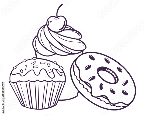 A cupcake, a muffin, and a donut