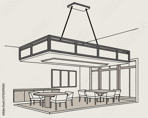 A conference room with a rectangular lighting fixture and multiple tables
