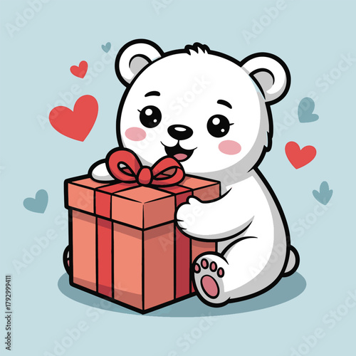 Cute cartoon polar bear cub holding a red gift box surrounded by red and blue hearts on a light blue background