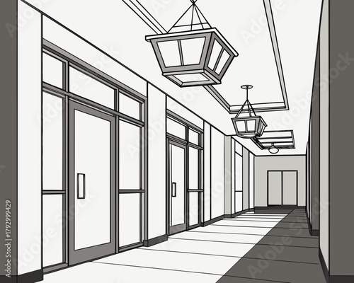 Hallway with doors and hanging lights