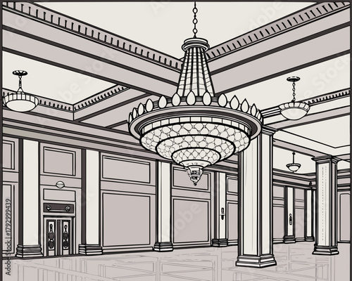 Grand ballroom interior with ornate chandelier and architectural details