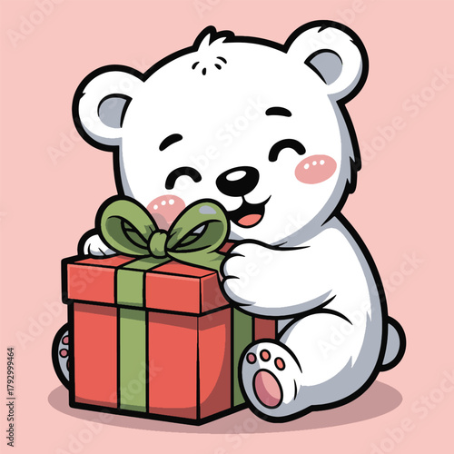 Cute cartoon polar bear cub hugging a red gift box with green ribbon animal
