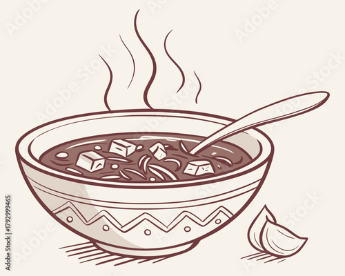 Illustration of a bowl of hot soup with tofu and garlic clove aside
