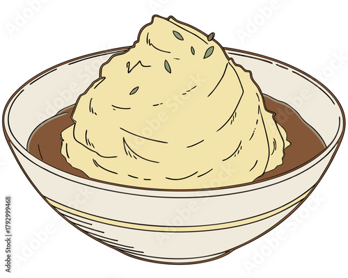 Illustration of a bowl of mashed potatoes with gravy