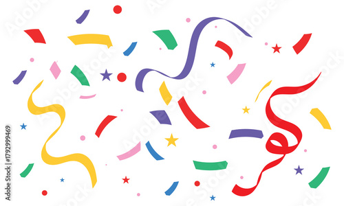 Colorful confetti falling on white background. Vibrant multicolored confetti pieces scattered across  symbolizing celebration, joy, party mood, and festive atmosphere. celebration border.

