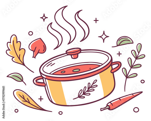Illustration of a pot with soup surrounded by autumn leaves