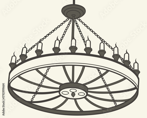 Illustration of a wagon wheel chandelier with candles