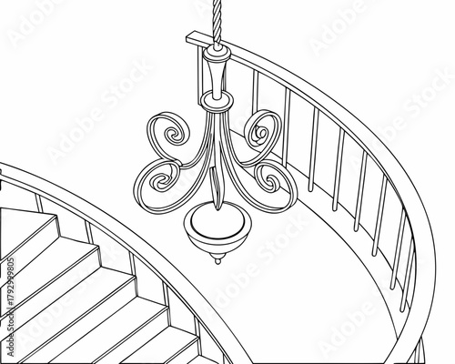 Line art of a chandelier hanging over a staircase