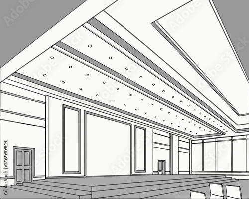 Monochrome illustration of a conference hall with stage and seating, perspective view
