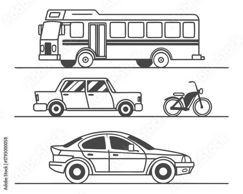 Various vehicles including a bus, car, motorcycle, and sedan