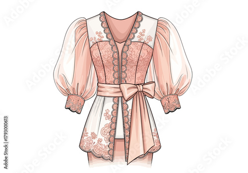 A pink and white lacetrimmed blouse with voluminous sleeves and a bow
