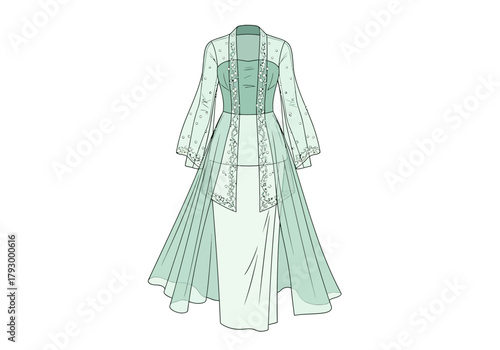 A pale green gown with an open sheer coat adorned with delicate floral embroidery