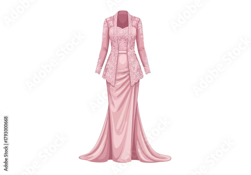 A pink dress with a lace bodice and jacket draped skirt and a fishtail hem on a white background