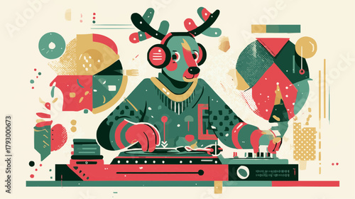 Funny reindeer DJ at a Christmas party with headphones and turntable, flat naive vector for festive packaging, poster or children’s decor.Part of the Holiday Party Characters series