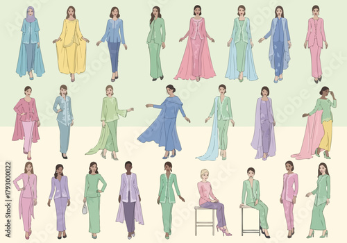 Colorful fashion illustrations of diverse women wearing modest clothing and poses on a light green background