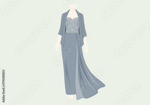 Blue gown with lace bodice  shawl on faceless model against pale green backdrop