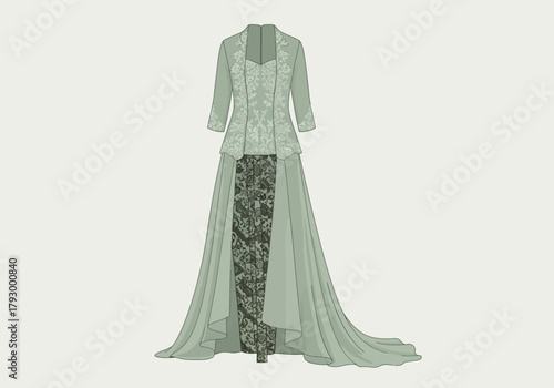 An elegant green garment with a patterned central panel and matching lace jacket