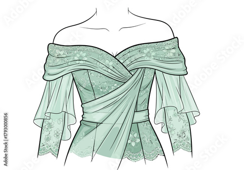 Dress sketch Offshoulder neckline draped fabric floral lace details in a muted teal color
