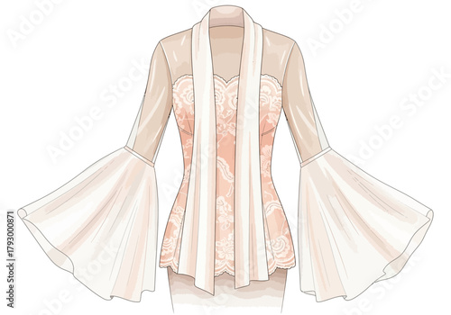 Cream lace top with shawl collar and sheer bell sleeves