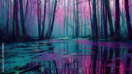 Ethereal woodland scene displays vibrant pink and blue reflections in still water