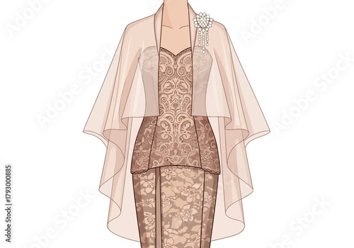 Dress with lace detailing  sheer shawl adorned with a brooch against a white background
