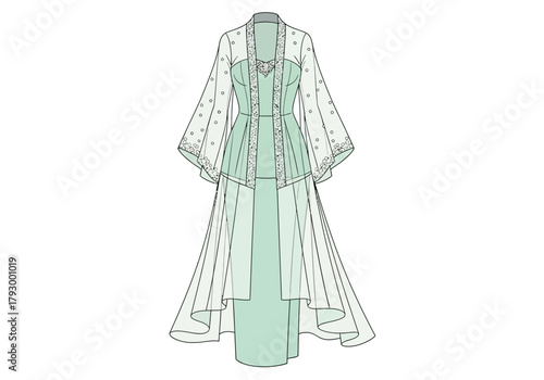 Green dress design A floorlength gown with a sheer floralpatterned coat stylized