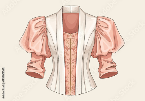 Illustration of a blouse featuring puffed sleeves a floral center panel and a lightcolored tailored jacket design